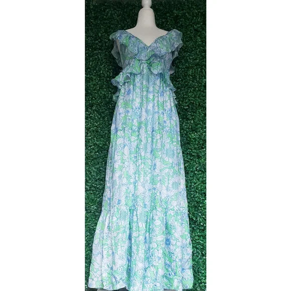 71. J.Crew Collection ruffle-trim cutout maxi dress in lime floral - Picture 6 of 12